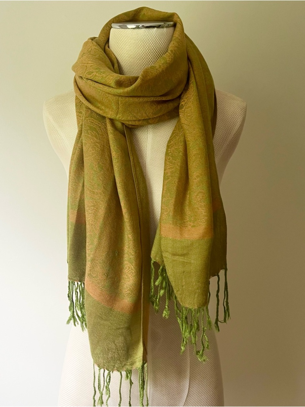 Pashmina Sarf Golden Green Silk Fall Fringe Maximalist
